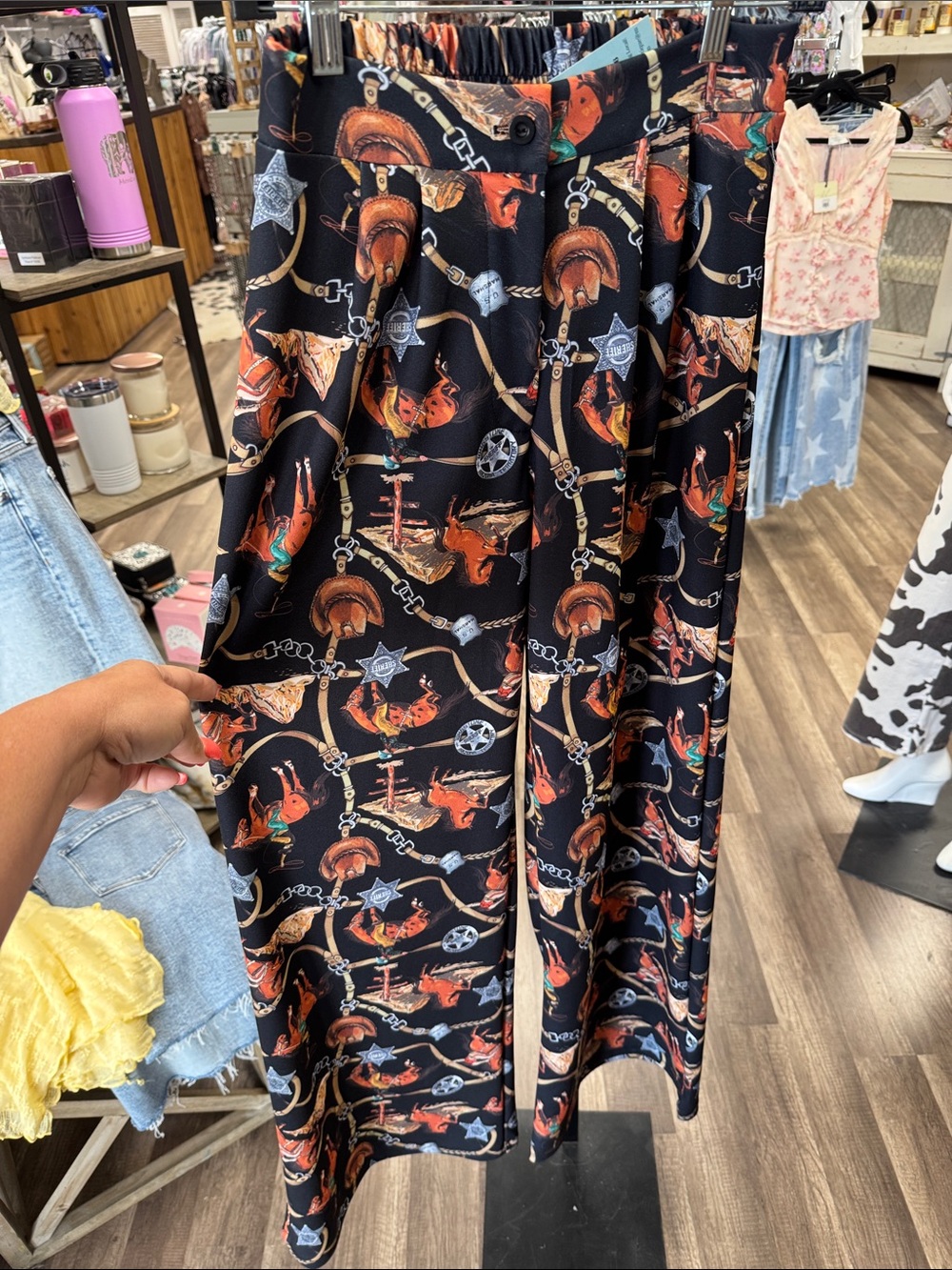 Black Western Print Wide-Leg Pants